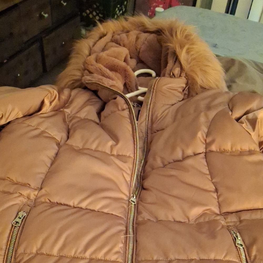 Jessica Simpson Gold Puffer Jacket with Faux Fur Hood